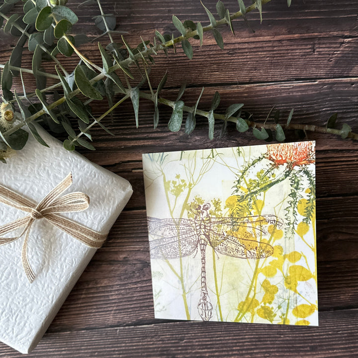 Square Greeting Card - Dragonfly and Banksia