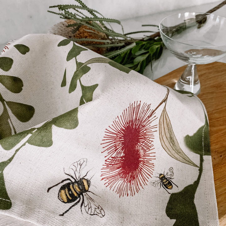 ECO Tea Towel Hakea attracting the Bees Design.