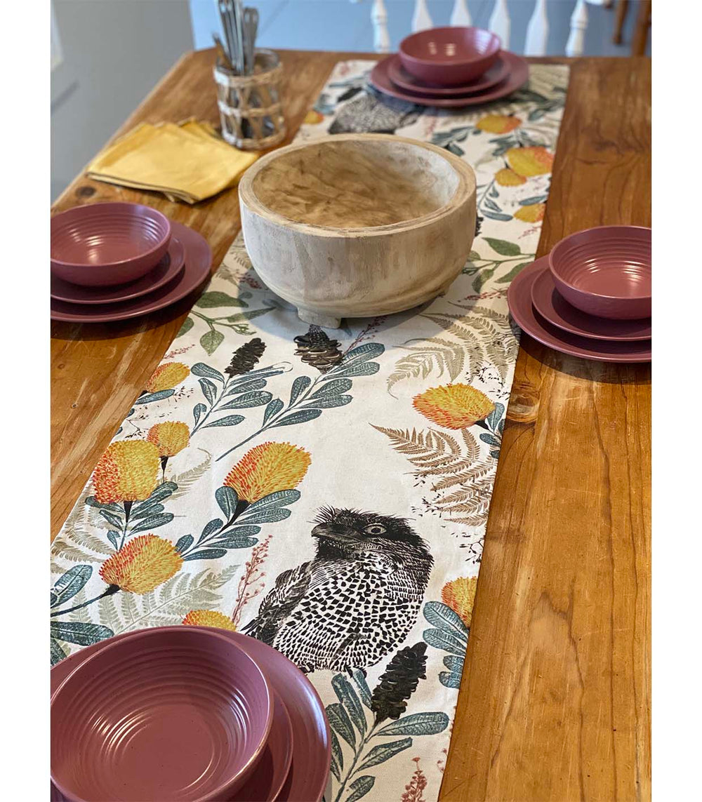 ECO Table Runner Tawny Frog Mouth Design (42cm x 160cm).