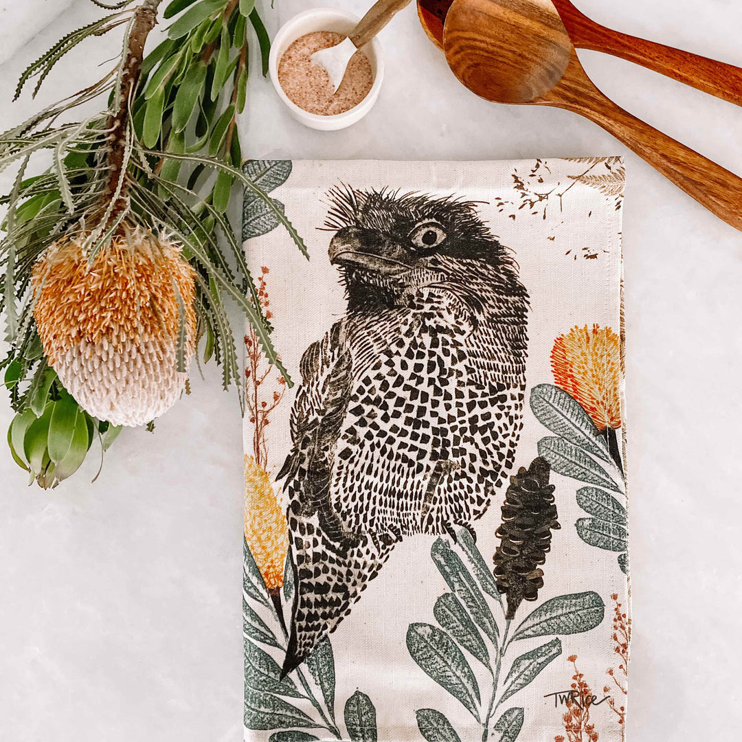 ECO Tea Towel Tawny Frog Mouth Design.