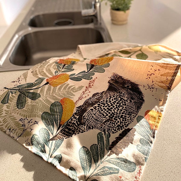 ECO Tea Towel Tawny Frog Mouth Design.